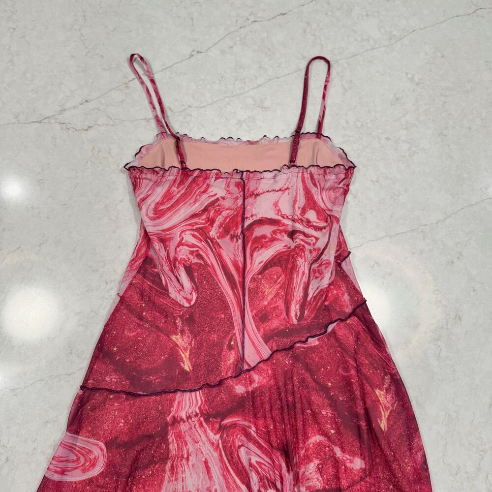 Y2K Barbiecore Mesh Mini Dress Pink Sheer Slip Ruffle Festival Coquette Small - Picture 7 of 16